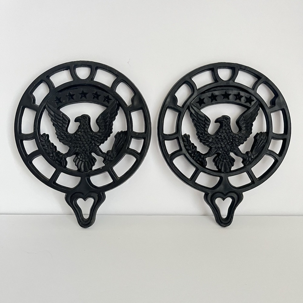 Vtg set 2 plastic Eagle trivets black wall decor grandmas house cast iron look